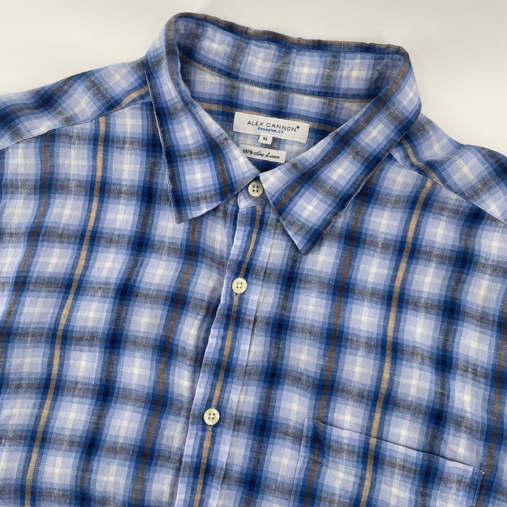 Alex Cannon Button Down Mens XL Blue Plaid 100% Linen Short Sleeve Shirt Casual